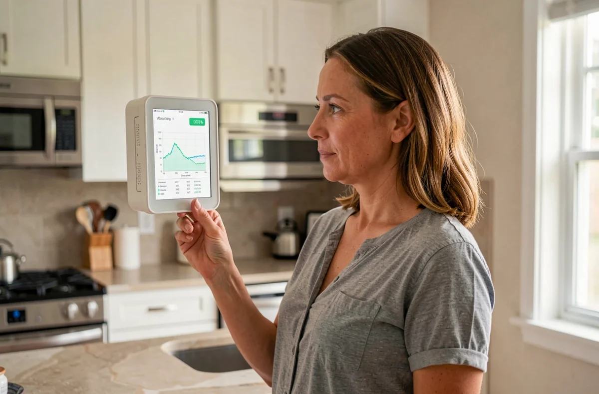 Femme consultant un écran de suivi de production solaire photovoltaïque pour son installation en autoconsommation