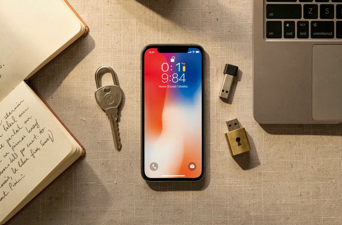Vue aérienne d'objets symbolisant la sécurité des données : cadenas, clé USB, smartphone verrouillé et carnet de notes sur un bureau en bois