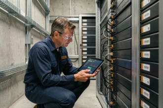 Technicien inspectant une batterie de stockage d'énergie lithium-ion industrielle dans un entrepôt