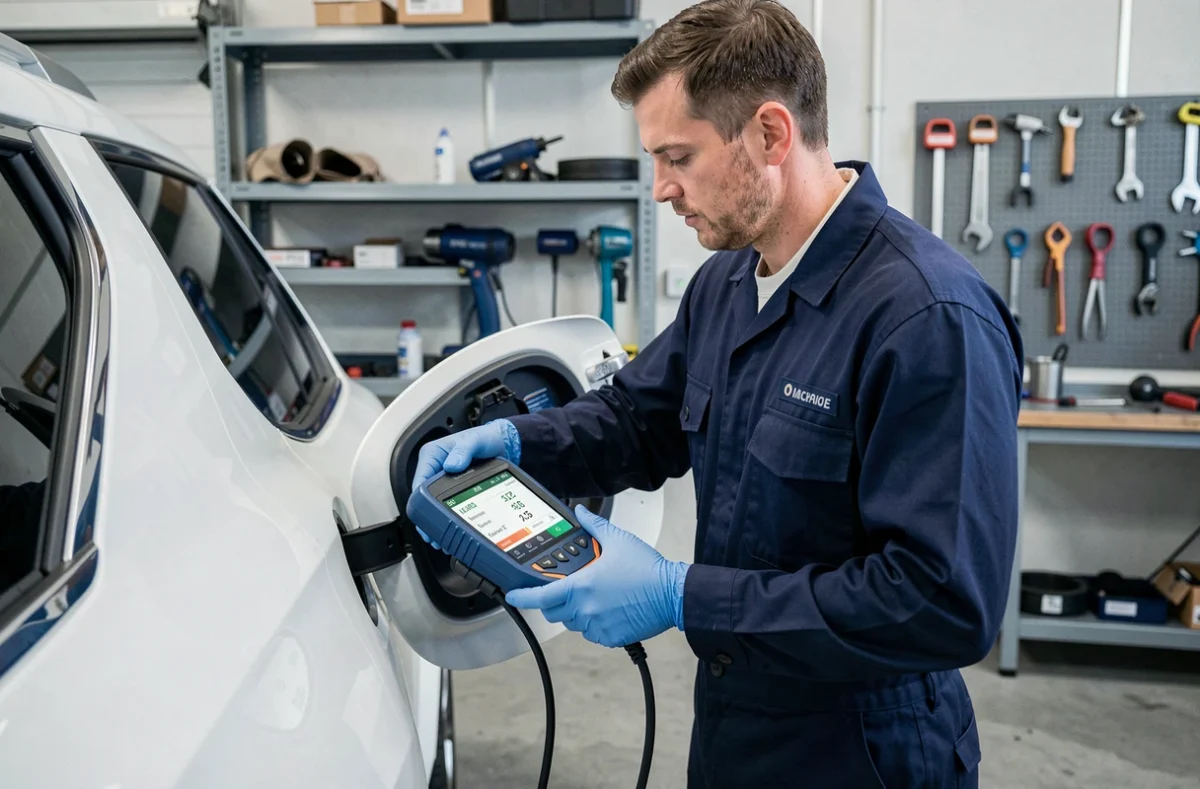 Technicien automobile réalisant un diagnostic d'émissions polluantes sur un SUV selon les normes Euro 5 dans un garage professionnel