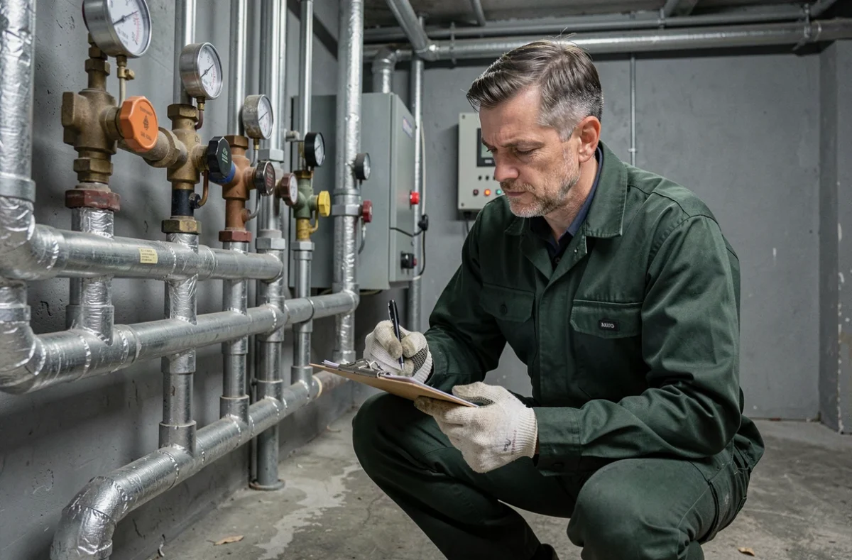 Technicien inspectant les installations de chauffage et les canalisations dans une chaufferie lors d'un bilan énergétique