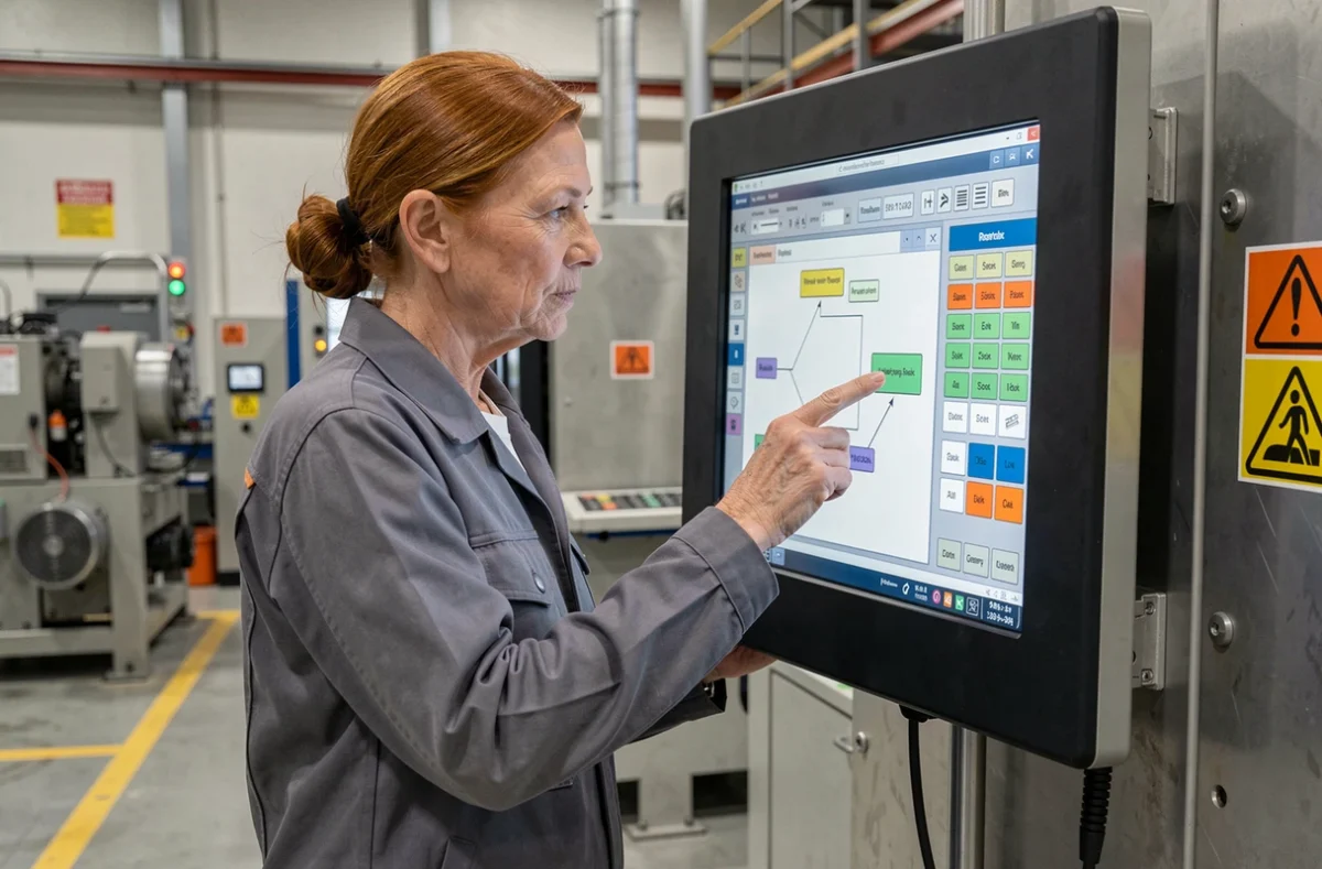 Technicienne industrielle utilisant un panneau HMI tactile sur le sol d'une usine de fabrication