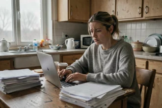 Femme en télétravail stressée dans une cuisine encombrée, illustrant les inconvénients du travail à domicile