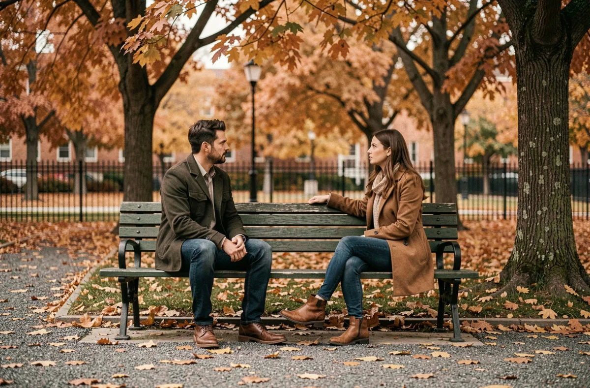 Deux personnes assises sur un banc de parc en automne avec une tension silencieuse, illustrant les difficultés à maintenir des relations bienveillantes