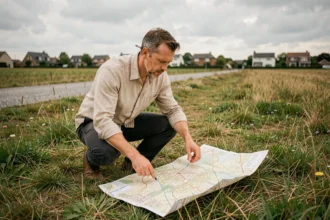 Urbaniste examinant un plan cadastral sur un terrain non constructible en zone périurbaine