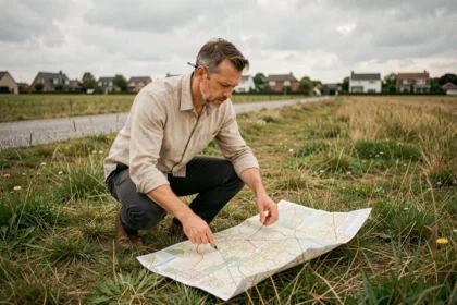 Urbaniste examinant un plan cadastral sur un terrain non constructible en zone périurbaine