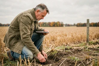 Agriculteur inspectant un terrain non constructible en zone rurale pour évaluer son potentiel économique