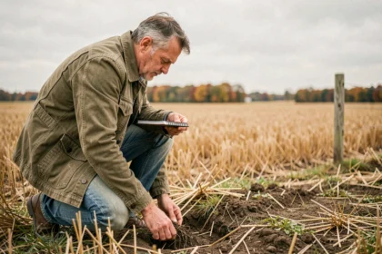 Agriculteur inspectant un terrain non constructible en zone rurale pour évaluer son potentiel économique
