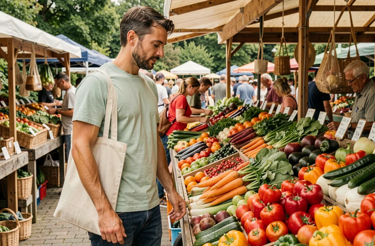 Homme en t-shirt coton respirant au marché en plein air par temps chaud