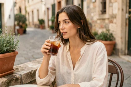 Femme portant une blouse en lin léger et respirant à une terrasse de café en été