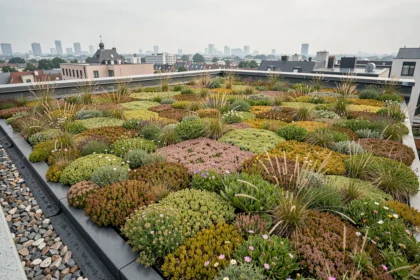 Toiture végétalisée avec sedums et graminées sur un immeuble moderne en milieu urbain