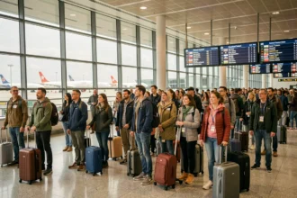 Groupe de touristes internationaux avec valises dans un aéroport moderne animé, illustrant la hausse du tourisme mondial jusqu'en 2026