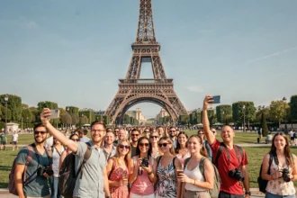 Foule de touristes internationaux rassemblés au pied de la Tour Eiffel lors des Jeux Olympiques de Paris
