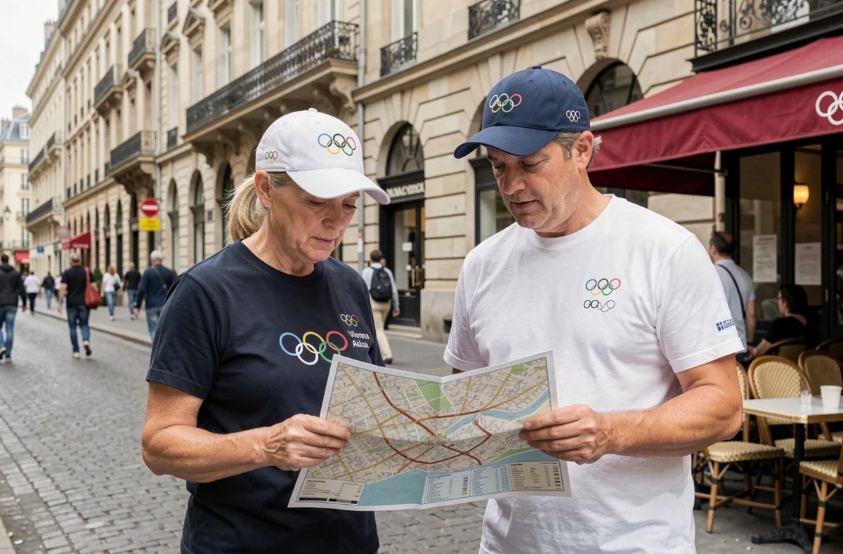 Couple de touristes portant des articles officiels des JO consultant une carte dans une rue parisienne typique