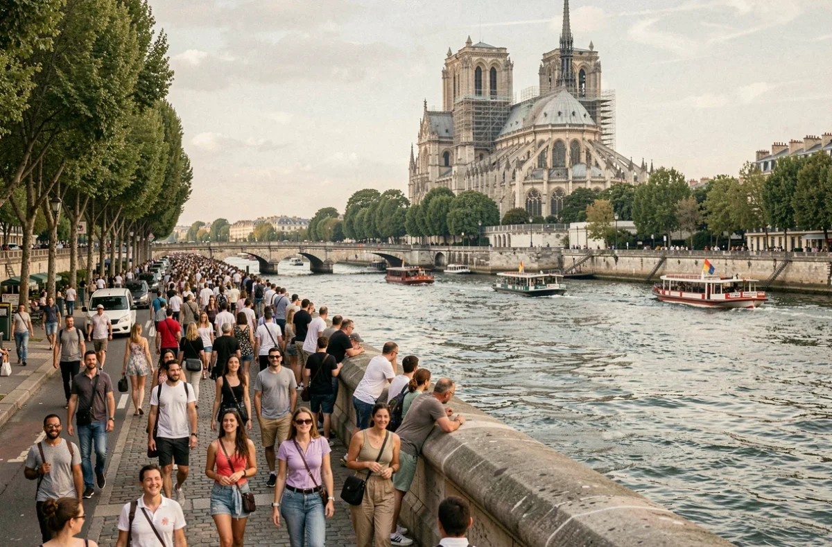 Touristes nombreux se promenant sur les quais de la Seine à Paris pendant la période des Jeux Olympiques