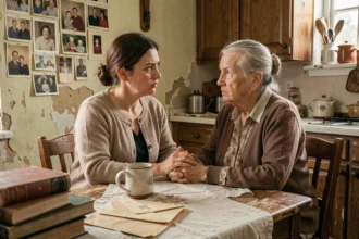 Deux femmes de générations différentes se tenant les mains dans une cuisine ancienne entourée de photos de famille, évoquant la transmission émotionnelle et le trauma transgénérationnel