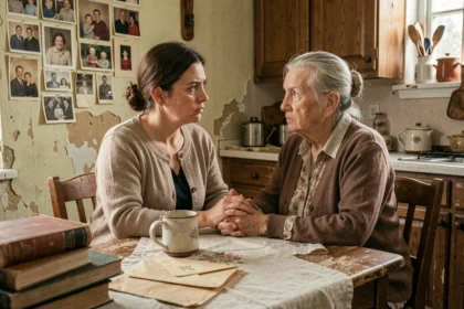 Deux femmes de générations différentes se tenant les mains dans une cuisine ancienne entourée de photos de famille, évoquant la transmission émotionnelle et le trauma transgénérationnel