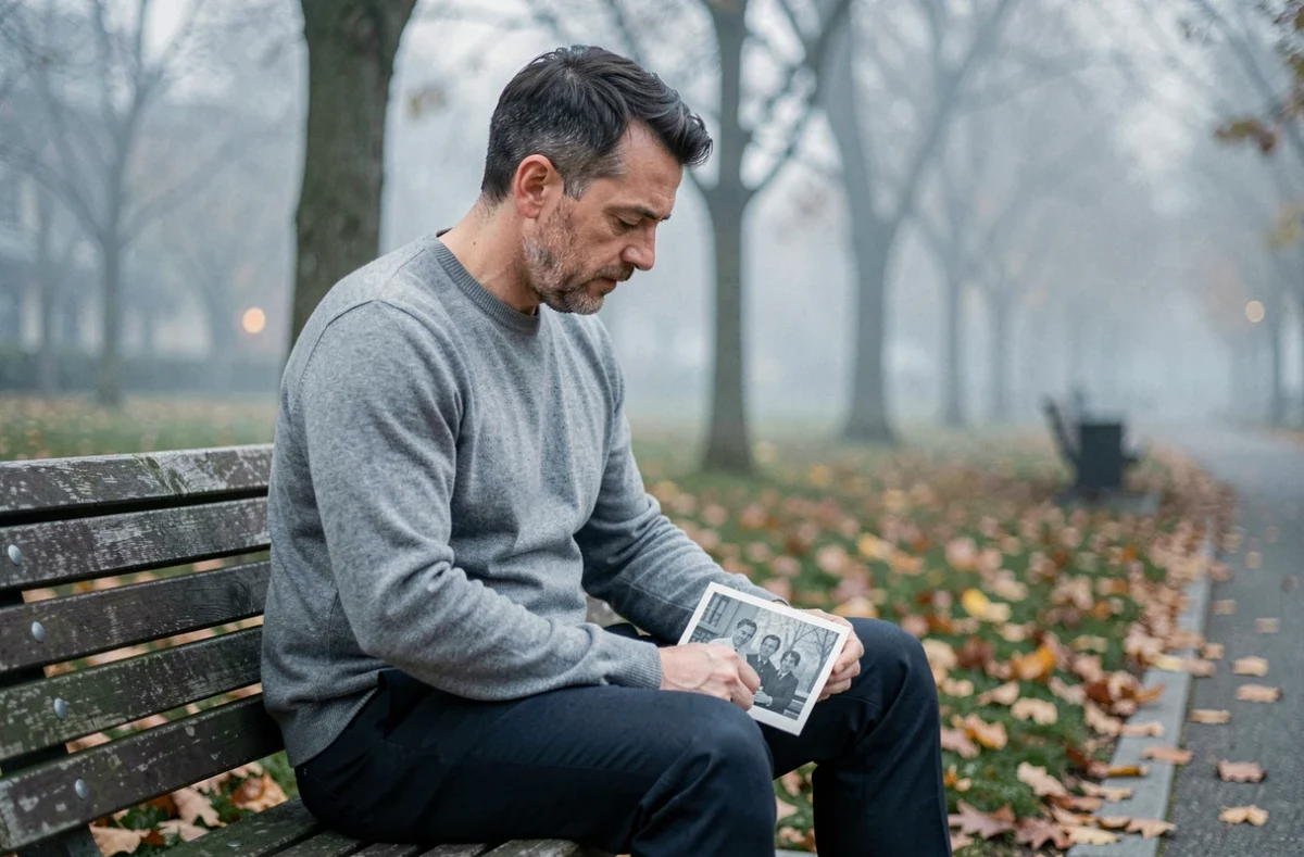 Un homme seul sur un banc de parc tenant une vieille photo de famille en noir et blanc, illustration de la réflexion sur un héritage émotionnel et un trauma transgénérationnel