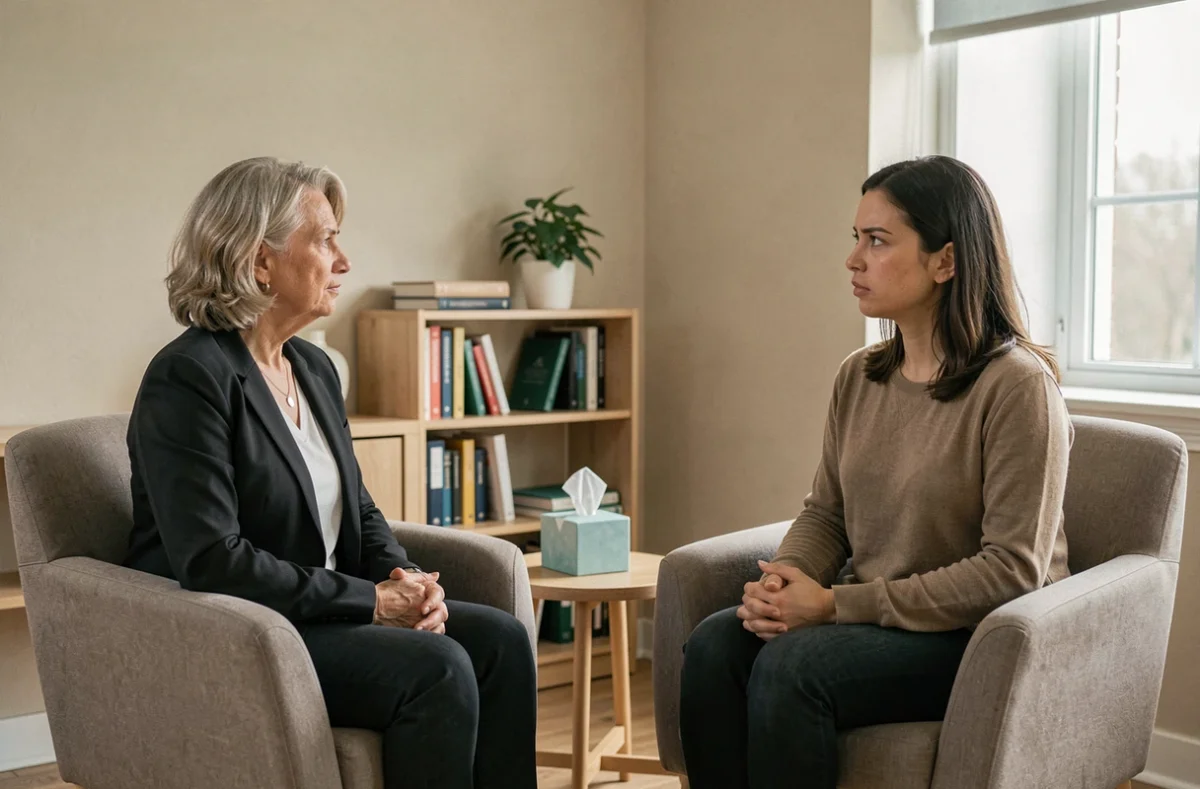 Une séance de psychothérapie entre une thérapeute et une patiente dans un cabinet professionnel, représentant le travail de reconnaissance et de guérison d'un trauma transgénérationnel
