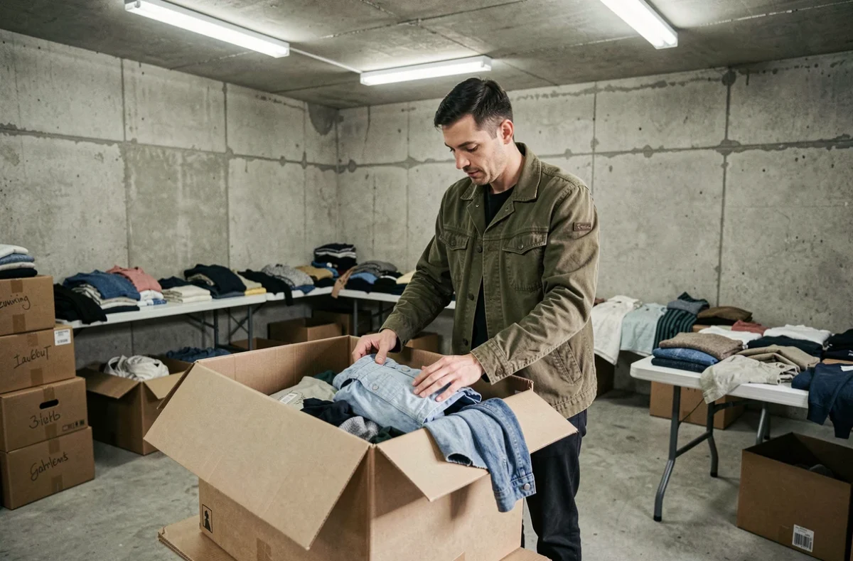 Homme triant des vêtements donnés dans un espace d'échange communautaire, symbolisant le réemploi textile et l'économie circulaire