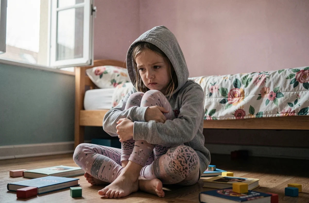 Jeune fille assise seule sur le sol de sa chambre, l'air pensif et replié sur elle-même, évoquant l'anxiété ou la dépression infantile