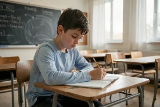 Jeune garçon seul dans une salle de classe, regardant son cahier avec une expression distraite et anxieuse, illustrant les troubles de santé mentale chez les enfants
