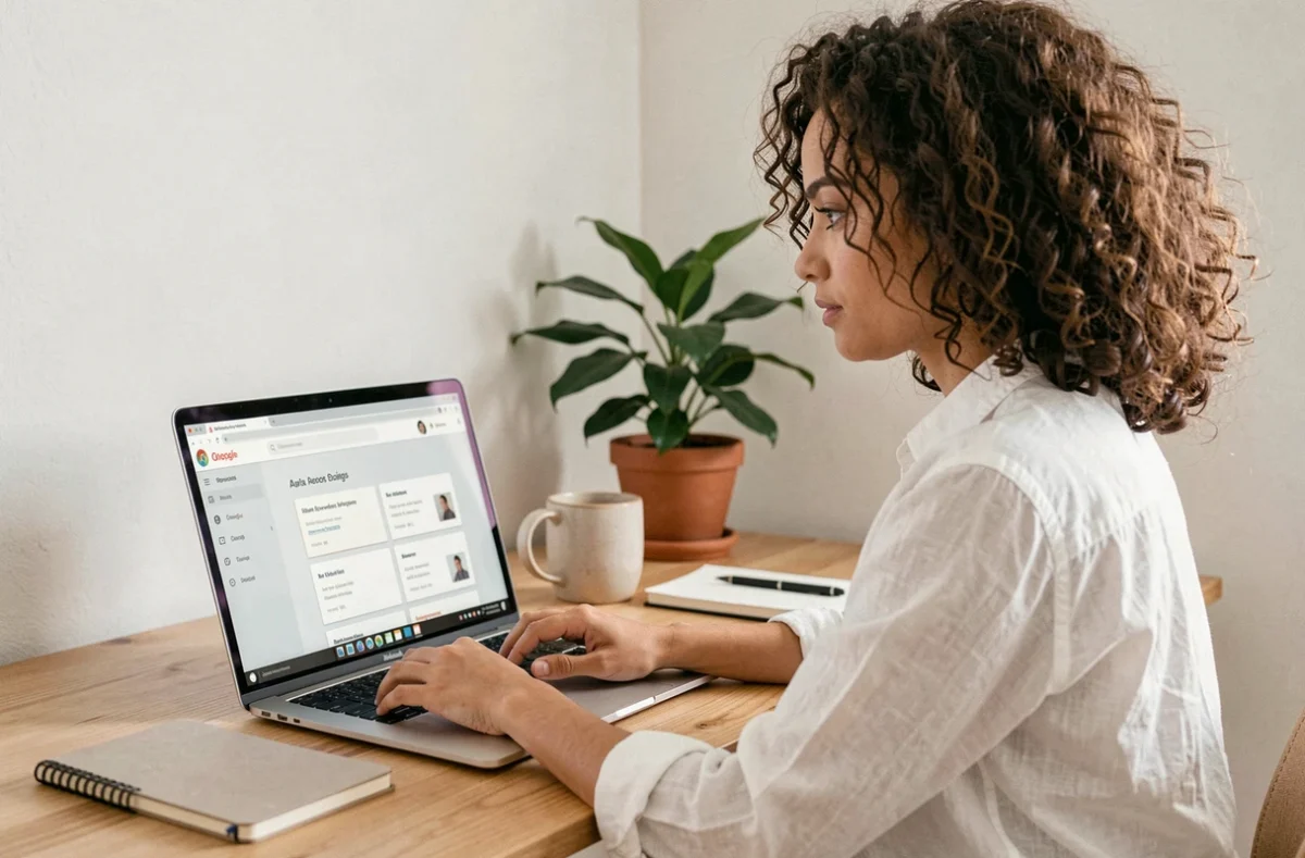Jeune femme utilisant une interface GUI moderne sur un ordinateur portable dans un bureau à domicile épuré