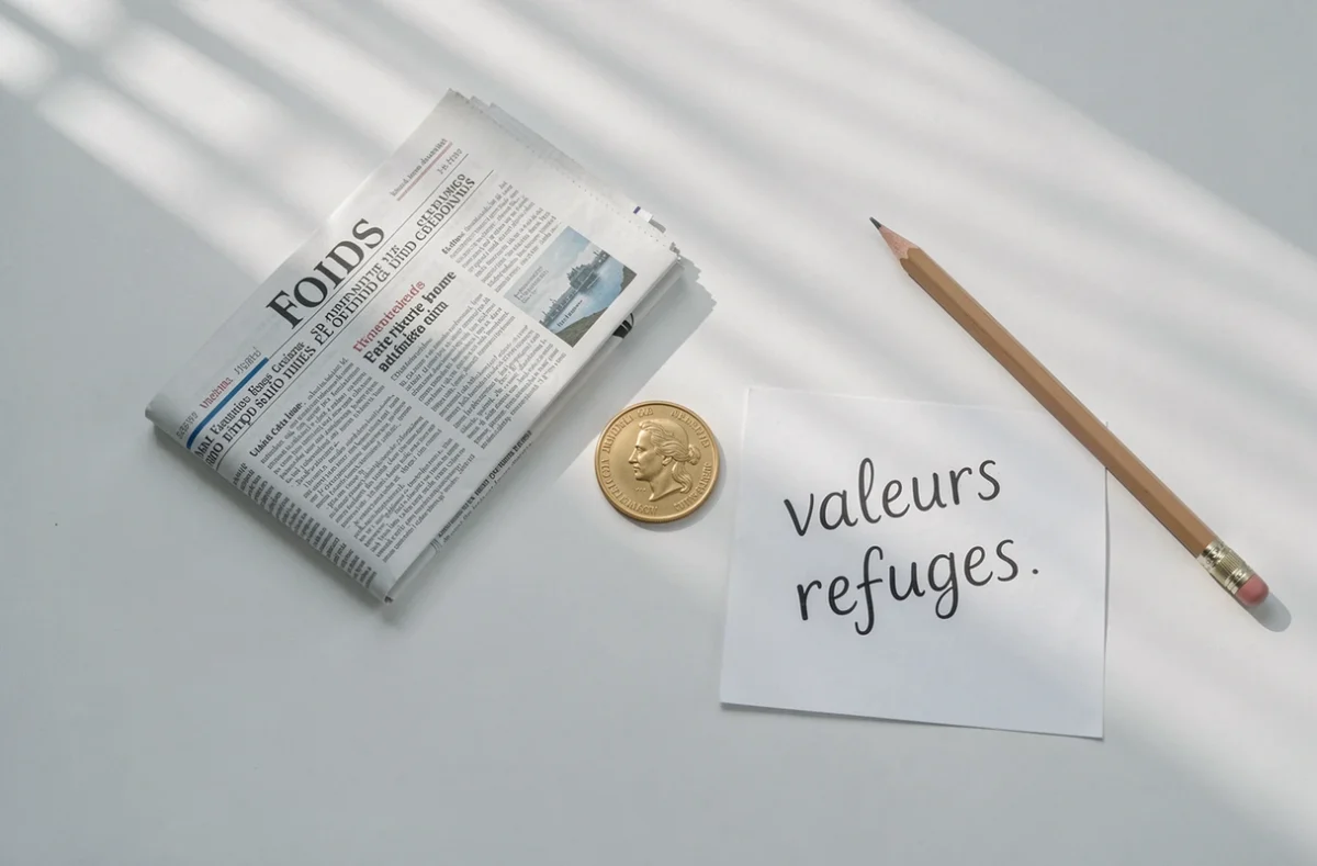 Valeurs refuges en période de déflation : pièce d'or, obligations d'État et presse financière sur un bureau minimaliste