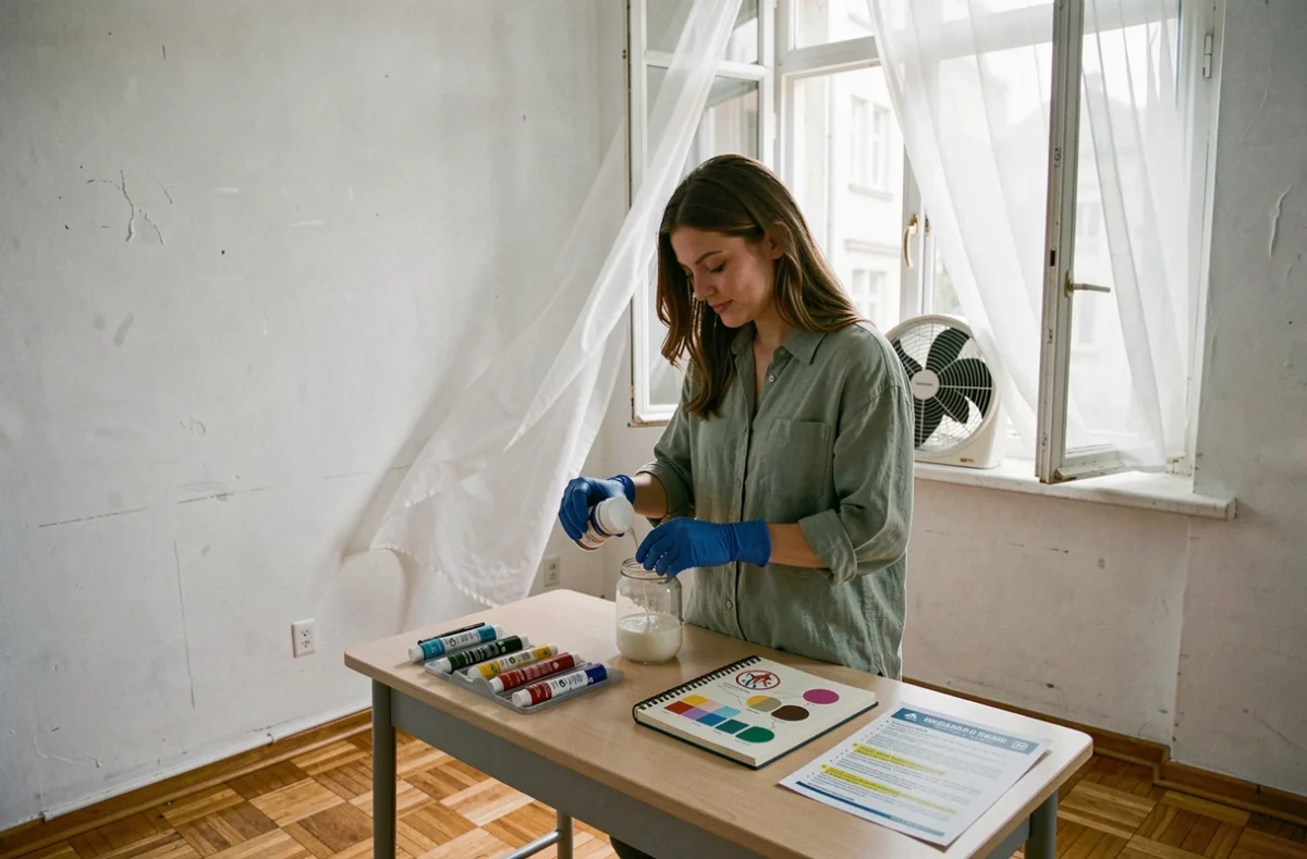 Jeune femme portant des gants en nitrile versant un médium acrylique près d'une fenêtre ouverte pour ventiler son atelier