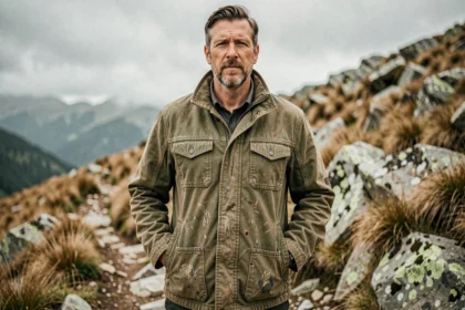 Homme portant une veste en coton ciré durable sur un sentier de montagne, illustrant la résistance des matériaux de veste robustes