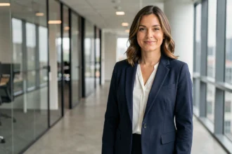 Femme confiante en tailleur marine dans un couloir de bureau moderne, illustrant l'impact des vêtements professionnels sur la posture et la confiance en soi