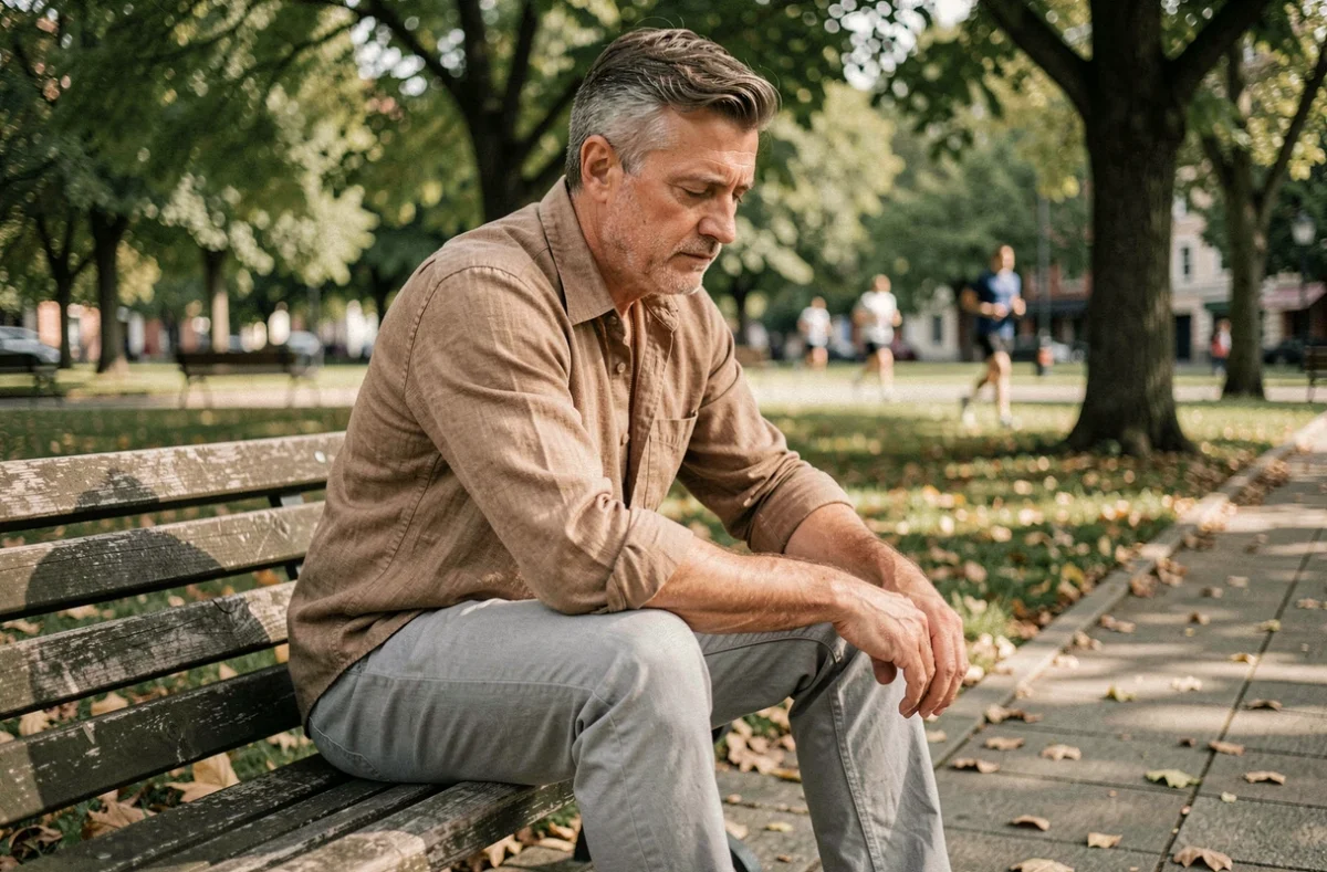 Homme détendu en tenue décontractée assis sur un banc dans un parc urbain, évoquant l'influence des vêtements casual sur l'humeur et la relaxation mentale