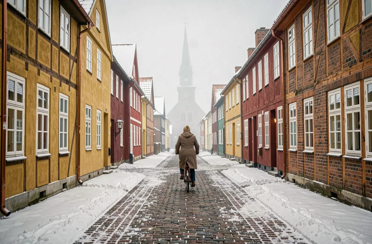 Rue pavée d'un village danois en hiver avec maisons à colombages colorées et cycliste sous la neige légère