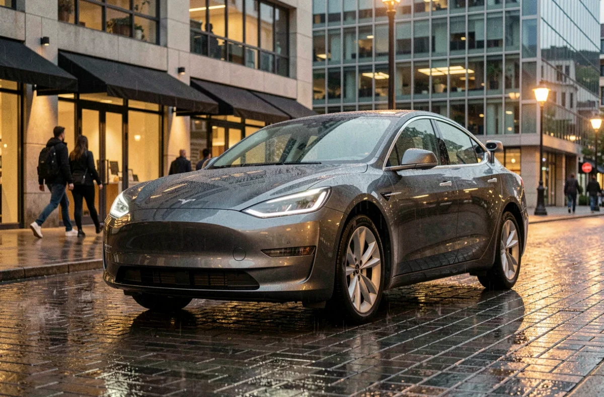Voiture autonome sans conducteur visible roulant dans une rue urbaine sous la pluie, capteurs de conduite automatique visibles sur la carrosserie