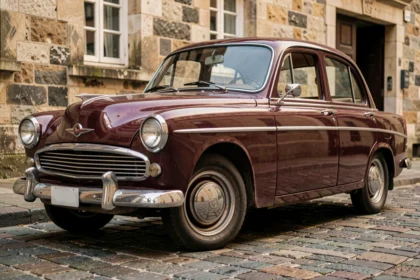 Voiture de collection ancienne des années 1960 garée sur des pavés, immatriculation collection, détails chromés et carrosserie bordeaux vintage