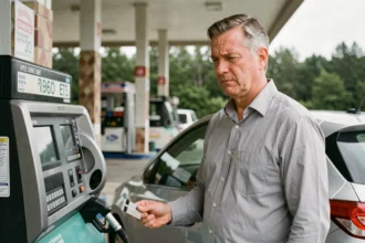 Homme regardant la pompe à essence d'une voiture hybride dans une station-service française, réfléchissant au coût réel du plein