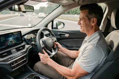 Conducteur en voiture avec système de pilotage automatique activé sur autoroute, les mains posées sur les genoux pendant que le volant tourne seul