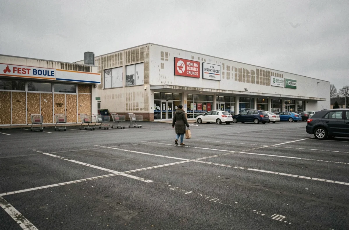 Zone commerciale périphérique française avec vaste parking vide, grande surface au panneau défraîchi et commerce fermé, symbolisant le modèle en crise