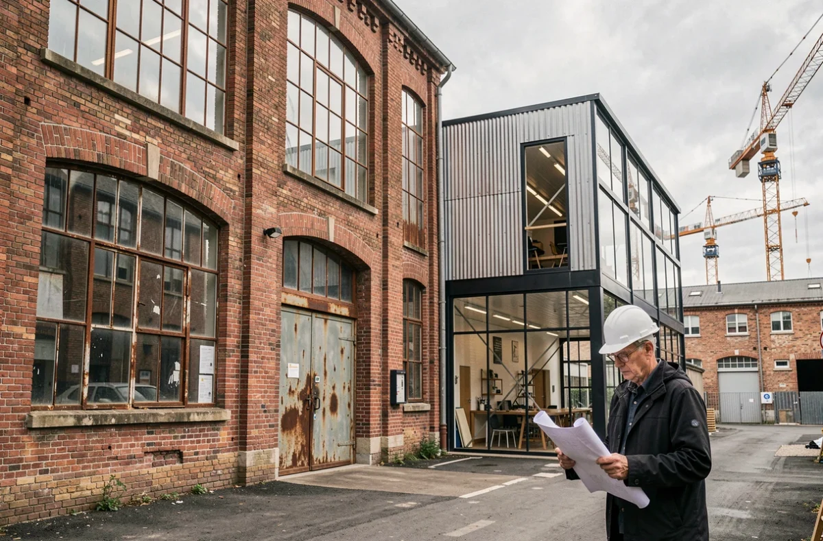 Zone industrielle française en reconversion avec une ancienne usine en brique rouge en cours de réhabilitation en espace de co-working moderne